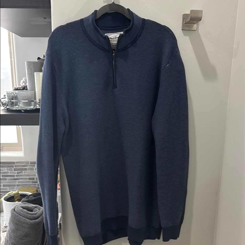 Blue Zip Up Sweater with Standing Collar and Ribbed Cuffs
